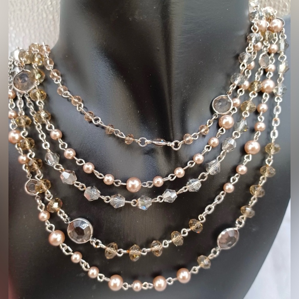 Multi-Layered Faux Pearls And Crystals With Champagne Glass Beads Necklace